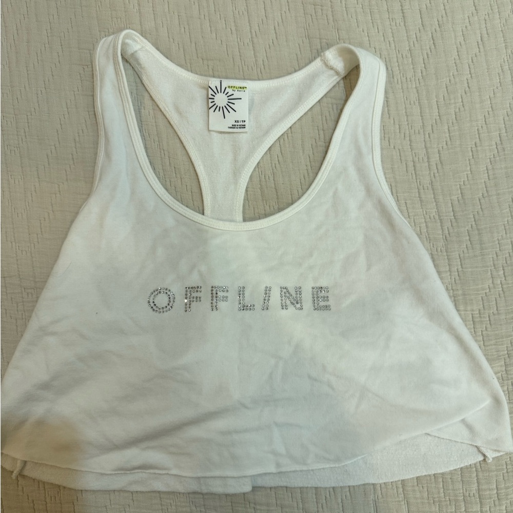 White Racerback Tank Top with 'OFFLINE' Print